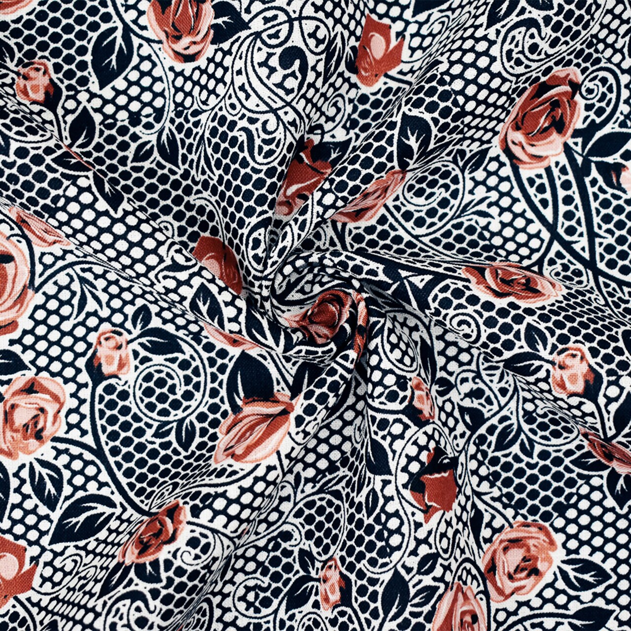 Navy-Peach-Orange Floral Mesh Pattern Printed Linen Woven Fabric By the Yard